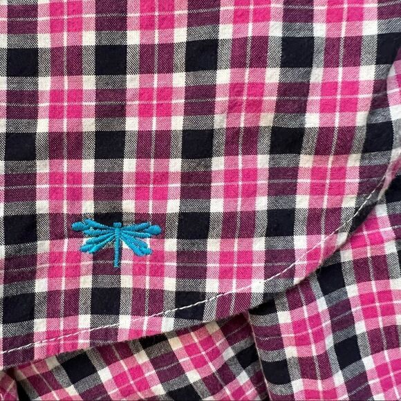 Talbots Pink + Navy Plaid Cotton Long Sleeve  Button Front Blouse Medium - Picture 7 of 8